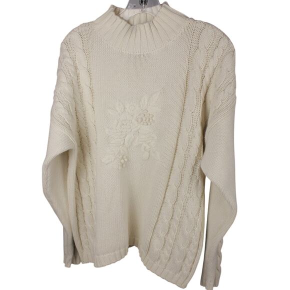 Eddie Bauer Sweaters - Eddie Bauer Cream Sweater‎ Small Pullover Floral 3D Embroidery Cottagecore